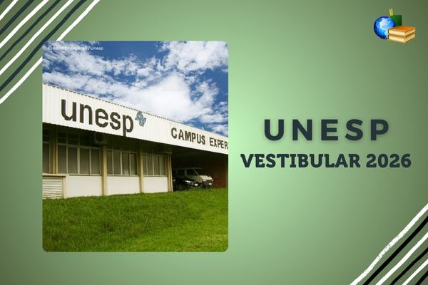 Fundo verde, listras preto e branco, foto do campus da Unesp e gramado