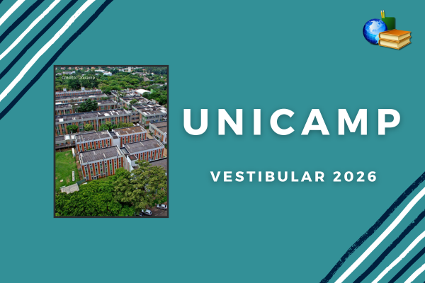 Fundo verde água, listras preto e branco e foto do campus da Unicamp