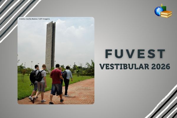 Fundo branco com cinza, listras preto e branco, foto de estudantes em campus da USP, texto Fuvest Vestibular 2026